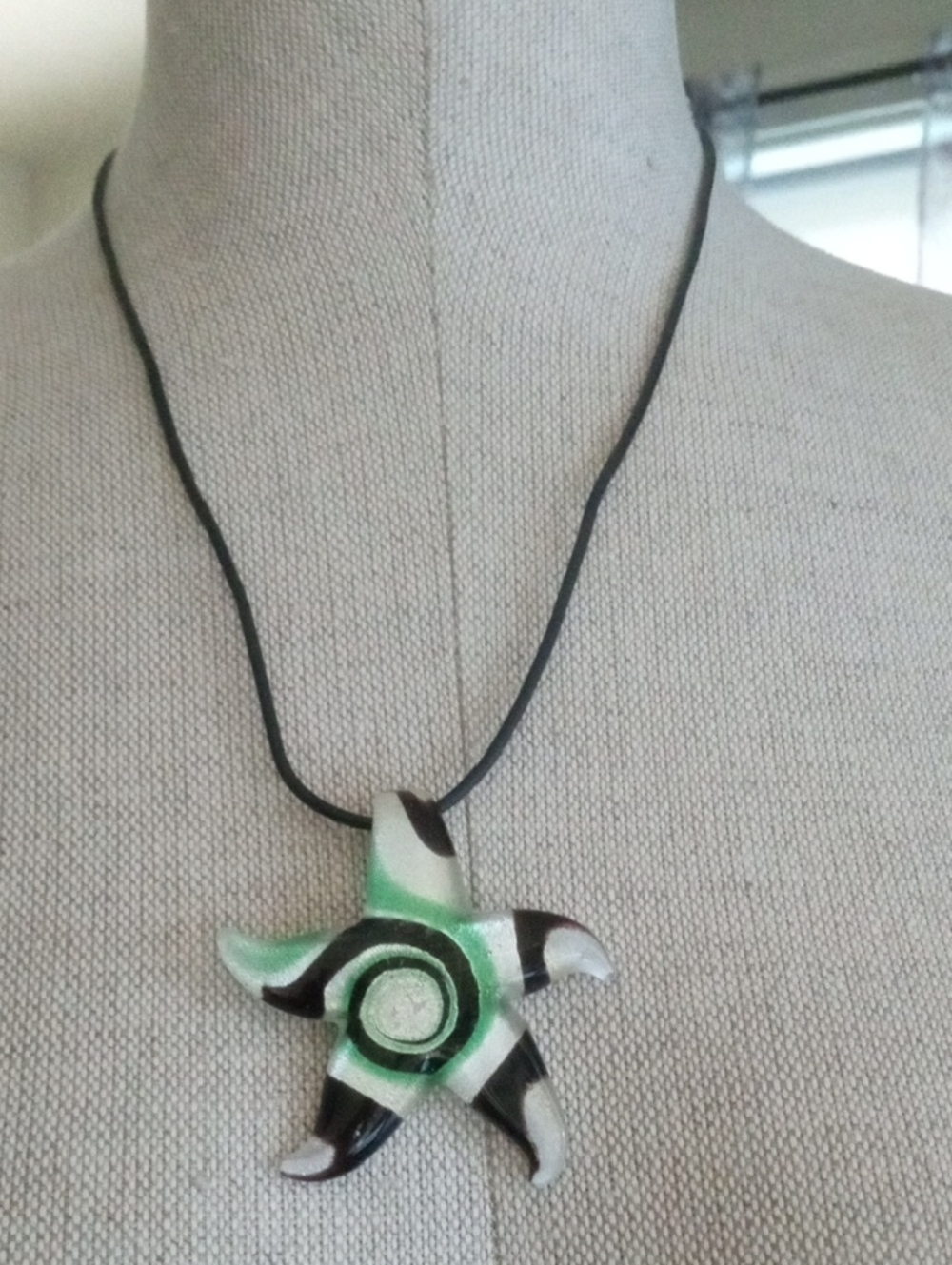 Handmade Starfish Pendant Glass Necklace with Green and Black Swirls